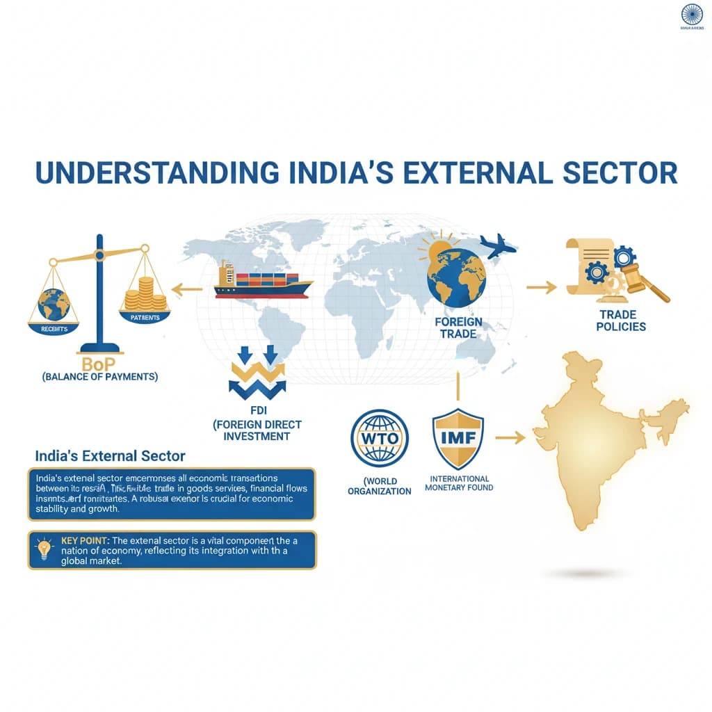 External Sector BoP, Foreign Trade, FDI, Trade Policies, WTO, IMF, etc.