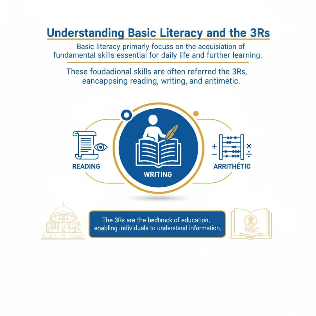 Basic literacy focuses majorly on the acquisition
of 3Rs, i.e., reading, writing and arithmetic skills.
