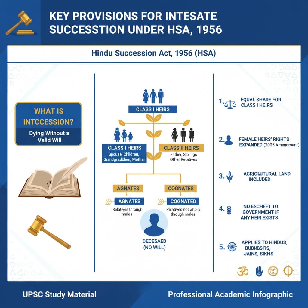 What are Key Provisions for Intestate (Without a Will) Succession Under HSA, 1956?
